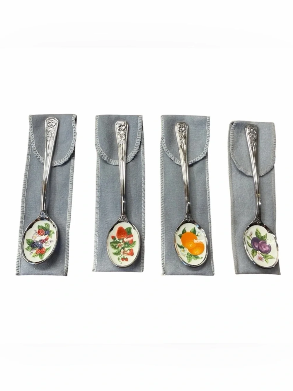Collectible Avon 1981 Spoons Fruit Jelly Stainless Steel Porcelain Enamel Set.
